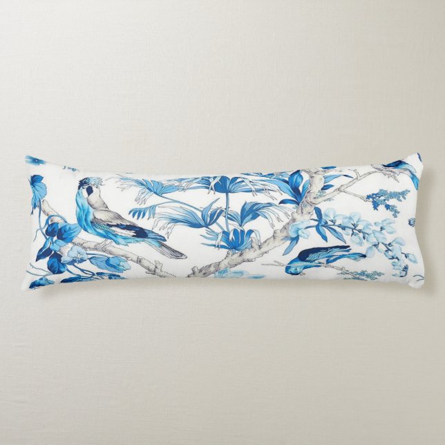 Blue and White Bird Oriental Chinoiserie  Body Pillow (Front)