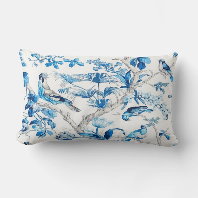 Blue and White Bird Oriental Chinoiserie  Lumbar Pillow (Front)