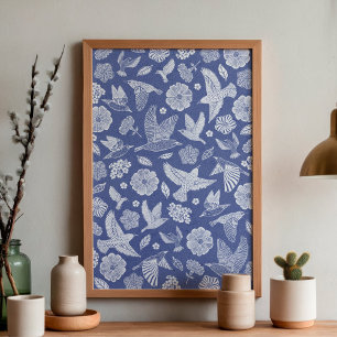 Blue and White Birds and Florals Hand Drawn Art Poster