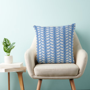 Blue and White Birds and Stripes Throw Pillow