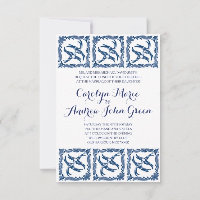 Blue and white birds chinoiserie delft toile china invitation (Back)