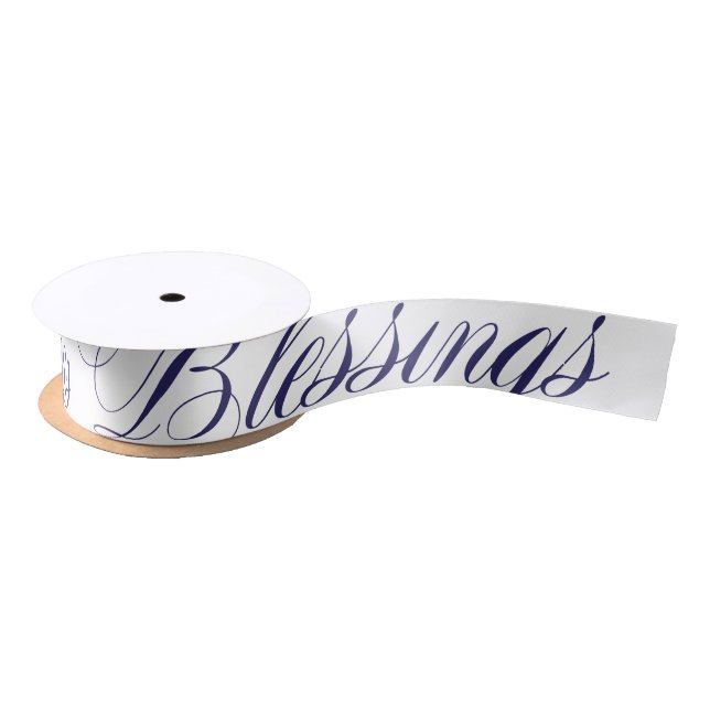 Blue and White Blessings Elegant Typography Satin Ribbon (Spool)