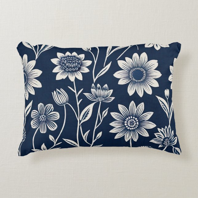 blue and white - Block print-style boho floral  Accent Pillow (Front)