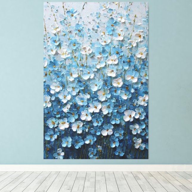 Blue and White Blossoms with Gradient Abstract  Canvas Print (Insitu(Wood Floor))