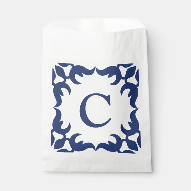 Blue and White Blue Scroll Frame Monogram Favour Bag (Front)