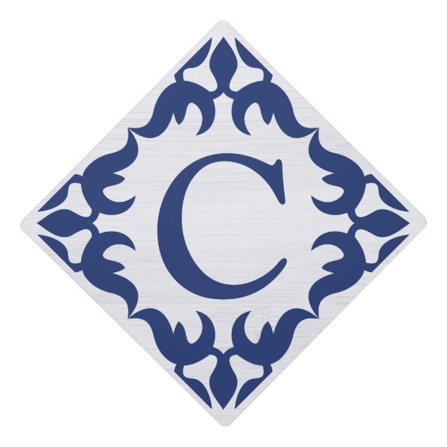Blue and White Blue Scroll Frame Monogram Graduation Cap Topper (Front)