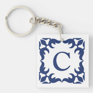 Blue and White Blue Scroll Frame Monogram Keychain