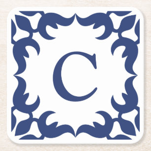 Blue and White Blue Scroll Frame Monogram Square Paper Coaster