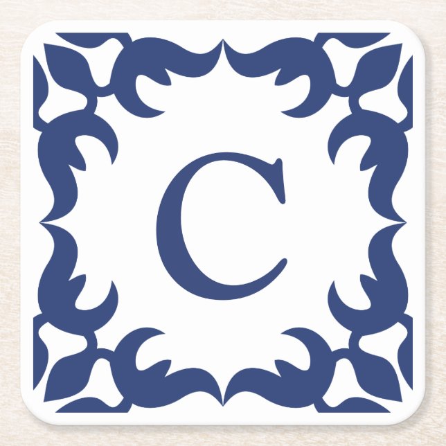 Blue and White Blue Scroll Frame Monogram Square Paper Coaster (Front)