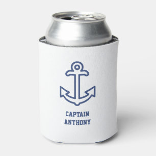 Blue and White Boat Anchor Personalized Can Cooler