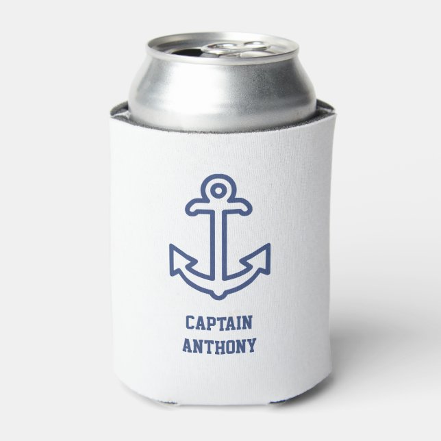 Blue and White Boat Anchor Personalized Can Cooler (Can Front)