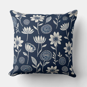blue and white boho floral - Block print-style Throw Pillow