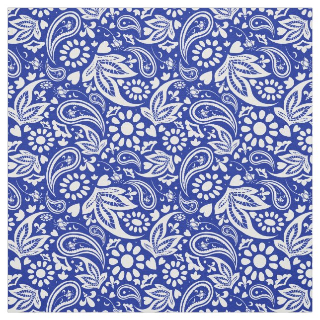 Blue and White Boho Paisley Pattern Fabric (Swatch)