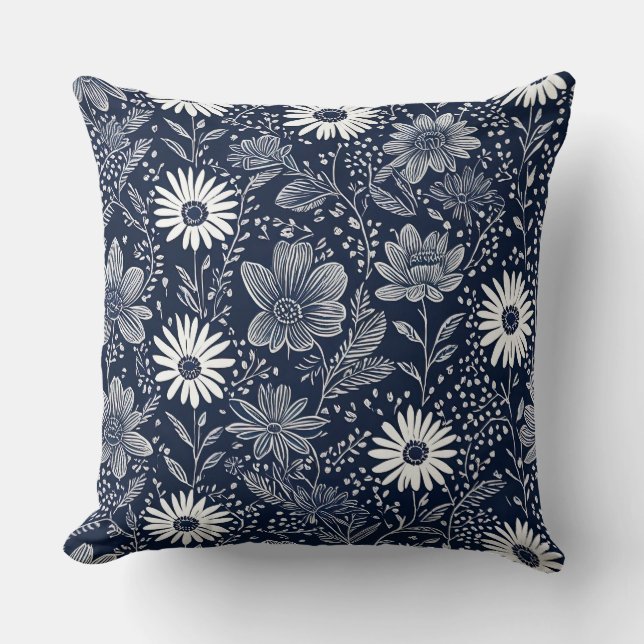 blue and white boho Whimsical floral Block print Throw Pillow (Front)