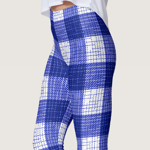 Blue and White Bold Checkered Plaid Design Leggings