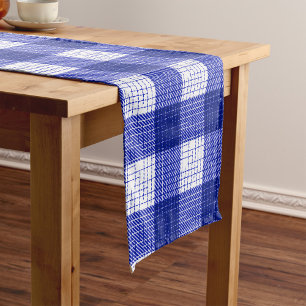 Blue and White Bold Checkered Plaid Design  Short Table Runner
