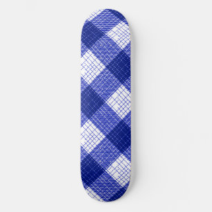 Blue and White Bold Checkered Plaid Design Skateboard