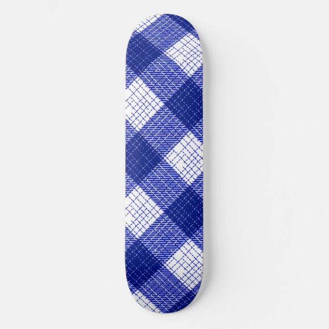 Blue and White Bold Checkered Plaid Design  Skateboard (Front)