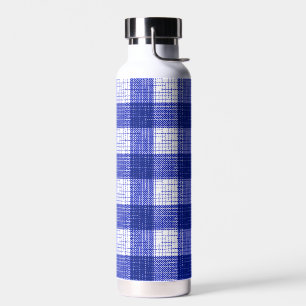 Blue and White Bold Checkered Plaid Design Water Bottle