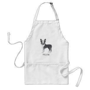 Blue And White Boston Terrier Cartoon Dog & Name Standard Apron