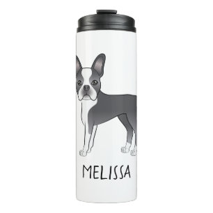 Blue And White Boston Terrier Cartoon Dog & Name Thermal Tumbler