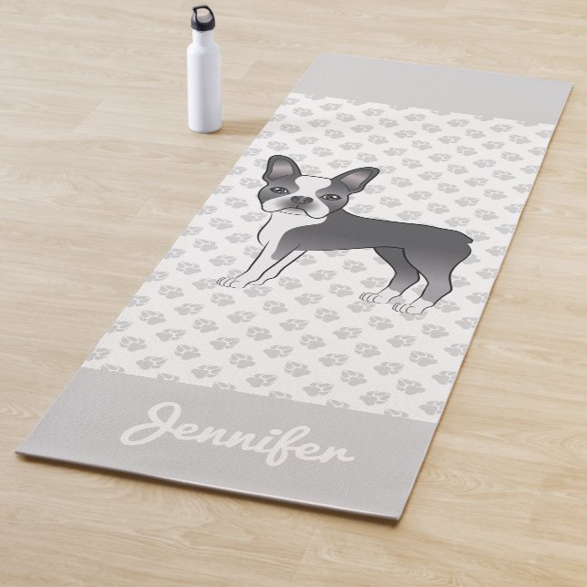 Blue And White Boston Terrier Cartoon Dog & Name Yoga Mat (In Situ)