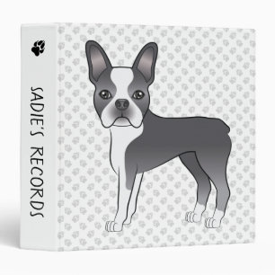 Blue And White Boston Terrier Cartoon Dog & Paws Binder