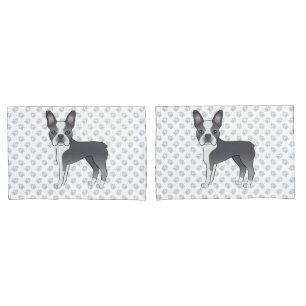 Blue And White Boston Terrier Cartoon Dog & Paws Pillowcase