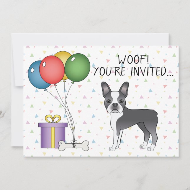 Blue And White Boston Terrier Cute Dog - Birthday Invitation (Front)