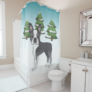 Blue And White Boston Terrier In A Winter Forest