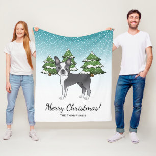 Blue And White Boston Terrier In A Winter Forest Fleece Blanket