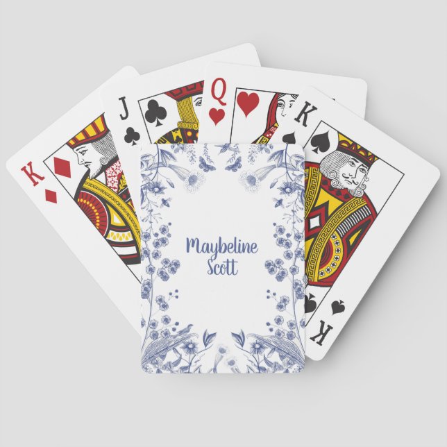 Blue and White Botanical Garden Personalized  Playing Cards (Back)