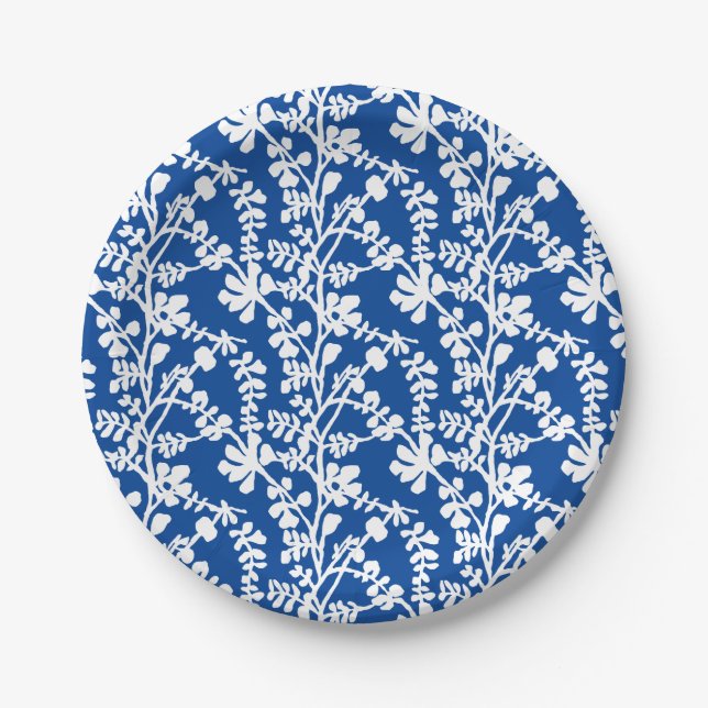 Blue And White Botanical Repeating Pattern Paper Plate (Front)