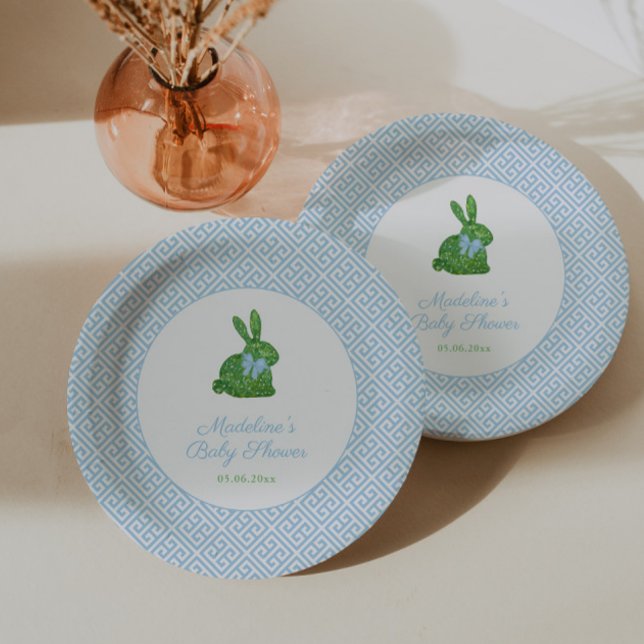 Blue And White Boxwood Bunny Boy Baby Shower Party Paper Plate (Preppy blue and white boxwood bunny baby boy shower or boy 1st birthday baptism party paper plates)