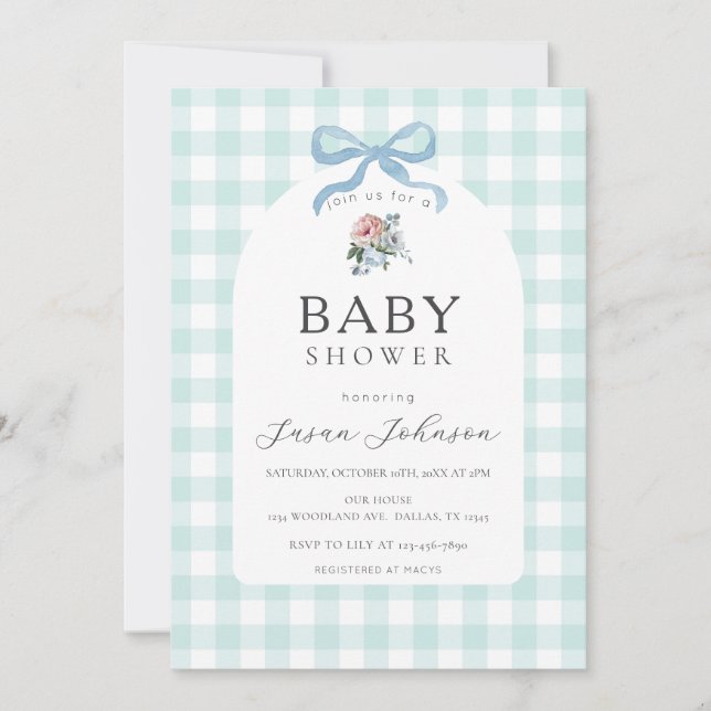 Blue and White Buffalo Check Plaid Baby Shower Invitation (Front)