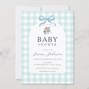 Blue and White Buffalo Check Plaid Baby Shower Invitation