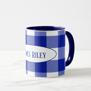 blue and white buffalo plaid with name mug