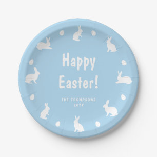 Blue And White Bunnies And Eggs Happy Easter Paper Plate