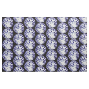 Blue and White Bunny Rabbit Medallion Fabric Black
