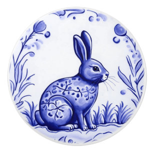 Blue and White Bunny Rabbit Mediterranean Folk Art Ceramic Knob
