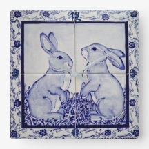 Blue and White Bunny Rabbit Tile Clock Dedham Navy