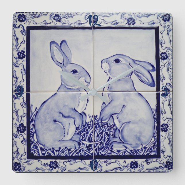 Blue and White Bunny Rabbit Tile Clock Dedham Navy (Front)