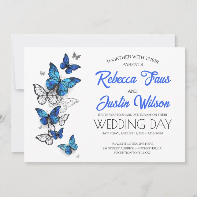 Blue and White Butterflies Morpho Monarch Invitation (Front)