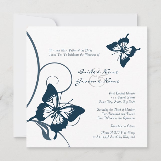 Blue and White Butterfly Wedding Invitation (Front)