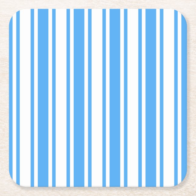 Blue and white candy stripes square paper coaster (Front)