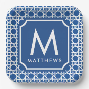 Blue and White Cane   Rattan   Monogram Paper Plate