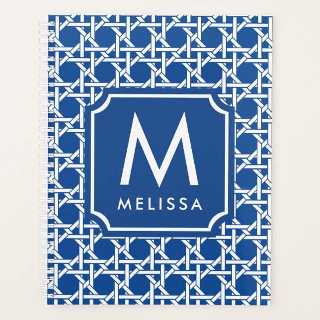 Blue and White Cane | Rattan | Monogram  Planner (Front)
