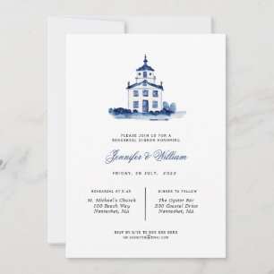 Blue and white chapel Rehearsal Dinner Invitation