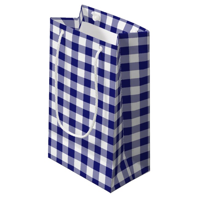 Blue And White Checked Gingham Plaid Pattern Small Gift Bag (Front Angled)