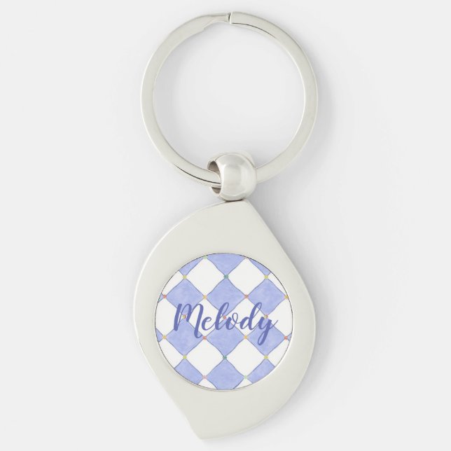 Blue and White Checks Personalized Keychain (Front)